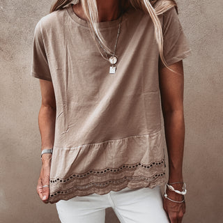 Lola TAUPE linen tee with cotton lace *NEW*