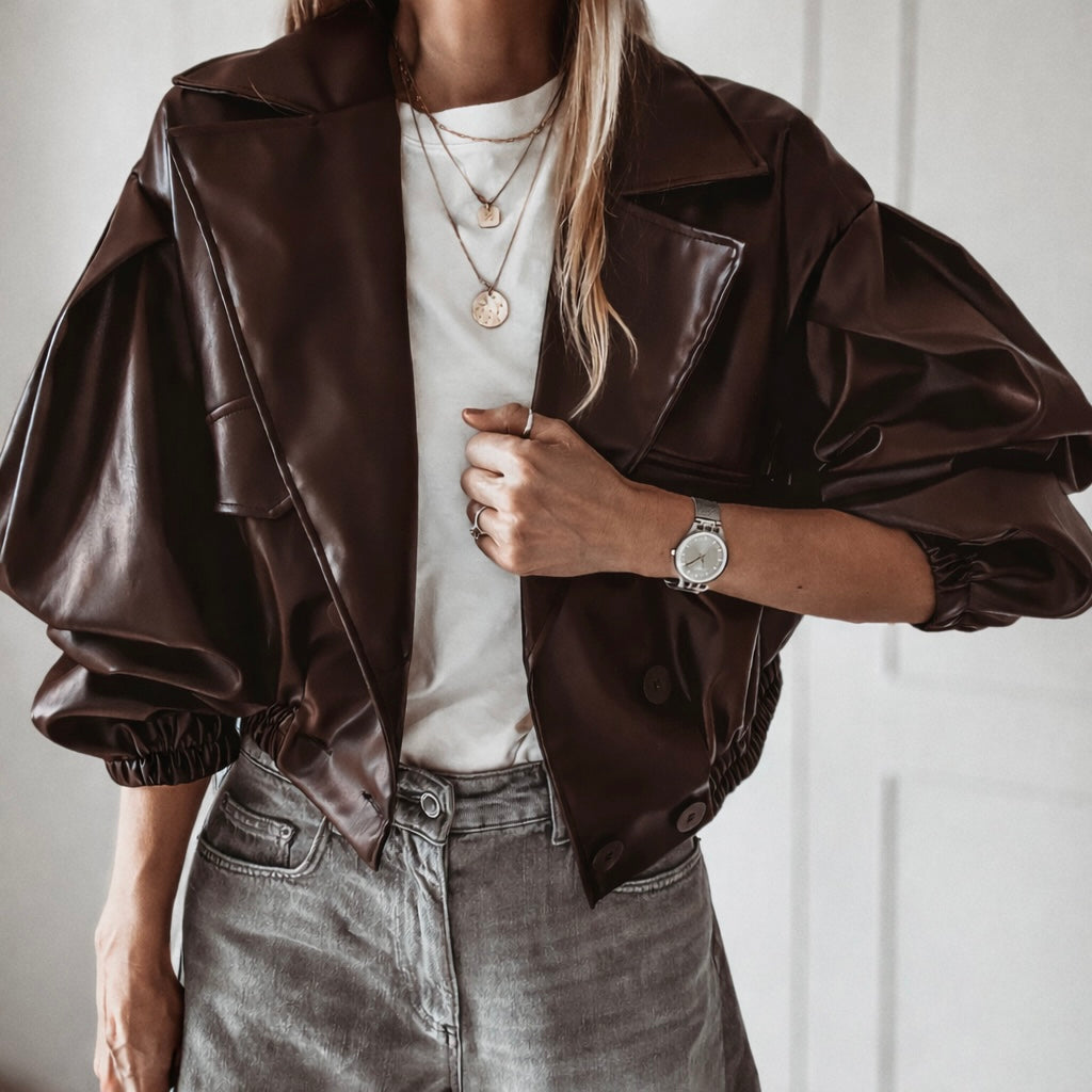 Chocolate brown Cara faux leather high collar jacket