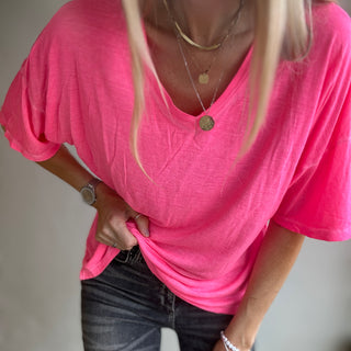 Neon pink V neck tee