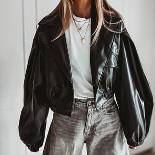Black Cara faux leather high collar jacket