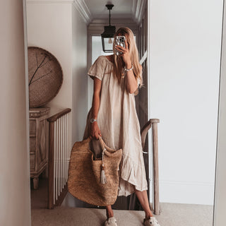 Lottie linen off shoulder beige dress