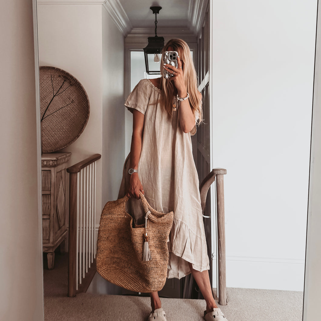 Lottie linen off shoulder beige dress