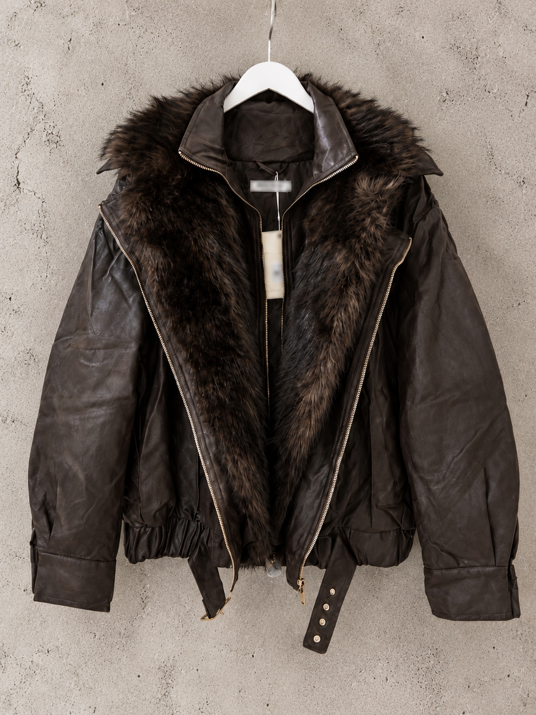 Chocolate brown Tara faux leather fur high collar biker jacket