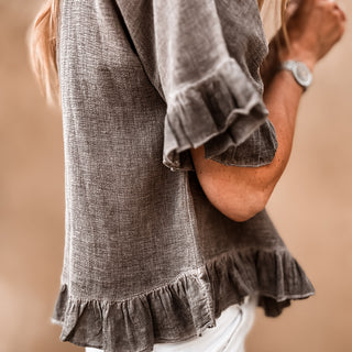 Inky chocolate ruffle edges linen top *NEW*
