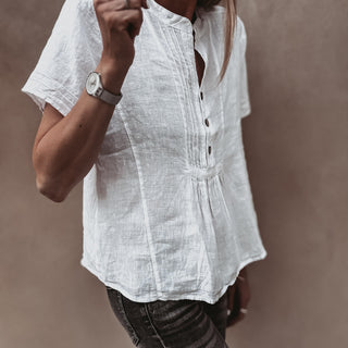 White Scarlet smocked white linen blouse