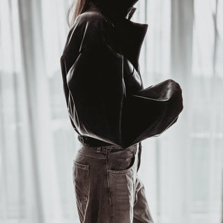 Black Cara faux leather high collar jacket