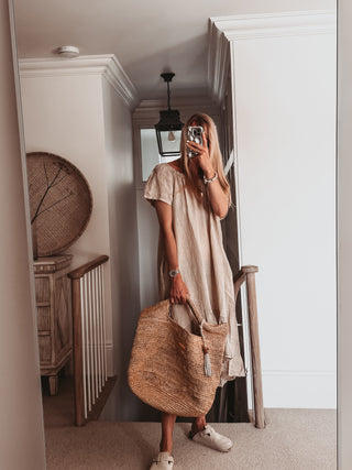 Lottie linen off shoulder beige dress