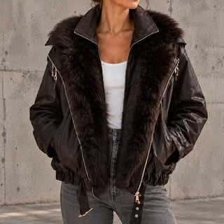 Chocolate brown Tara faux leather fur high collar biker jacket