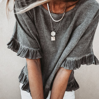 Inky grey ruffle edges linen top *NEW*