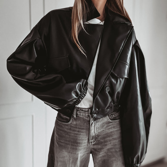Black Cara faux leather high collar jacket