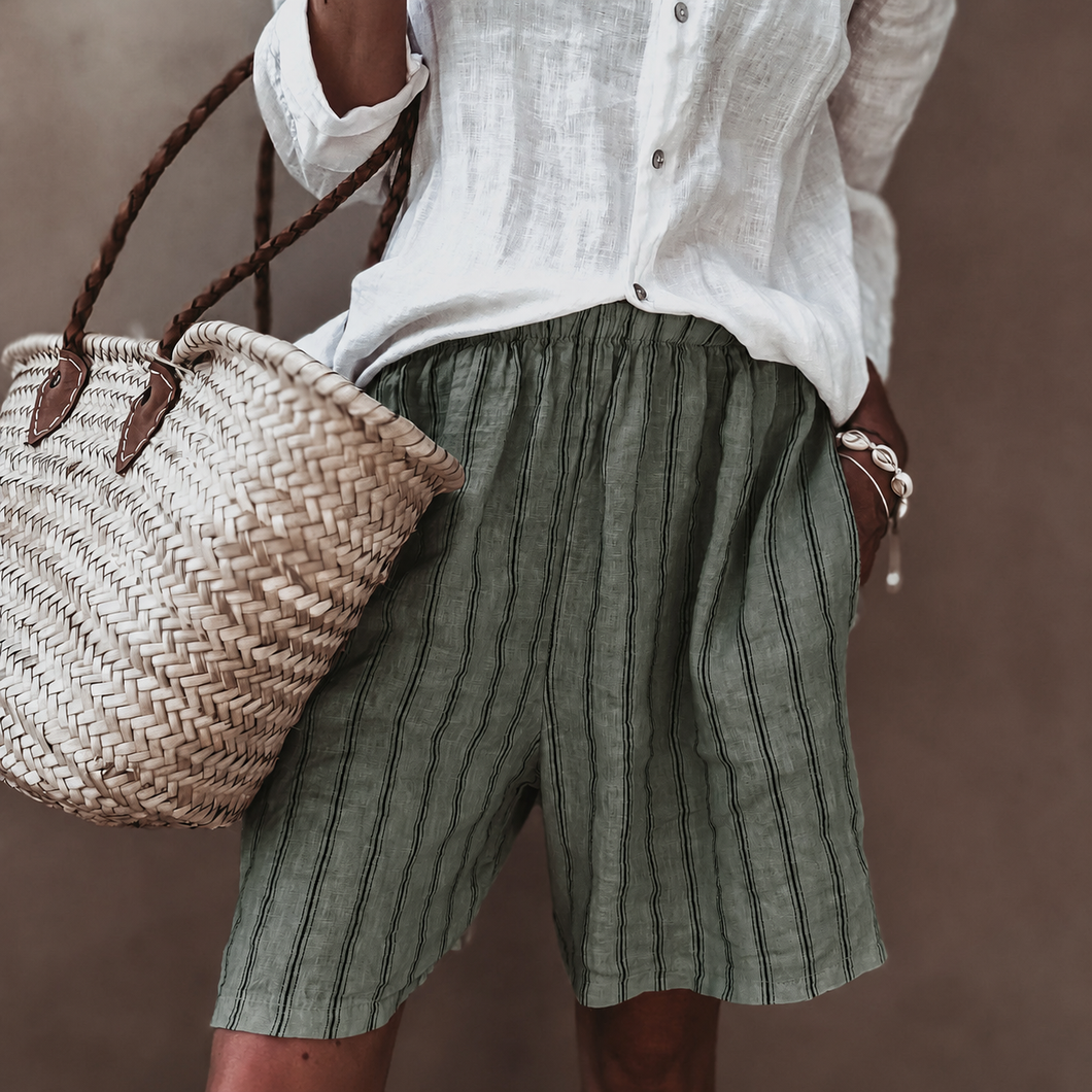 Slouchy pinstripe linen shorts khaki *NEW*
