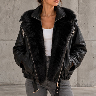 Black Tara faux leather fur high collar biker jacket