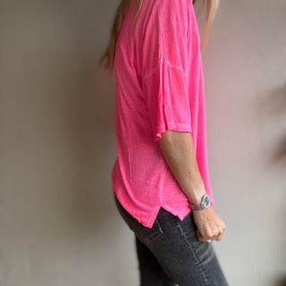 Neon pink V neck tee