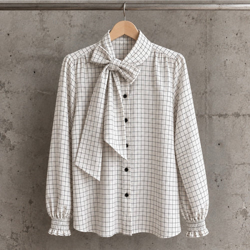 Chia White checked asymmetric bow blouse *NEW*