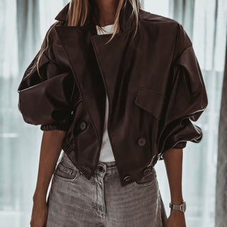 Chocolate brown Cara faux leather high collar jacket