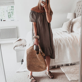 Lottie linen off shoulder taupe dress *NEW*