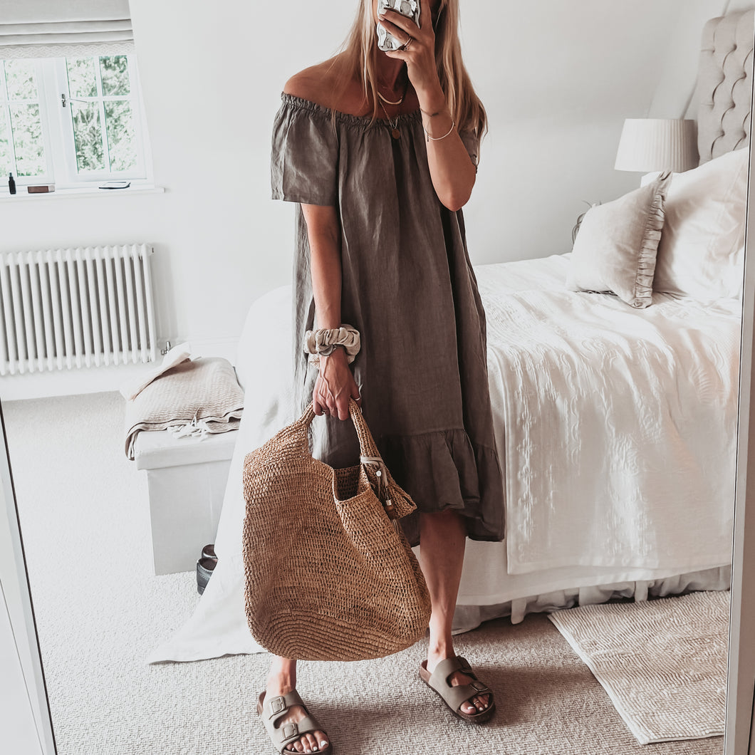 Lottie linen off shoulder taupe dress *NEW*
