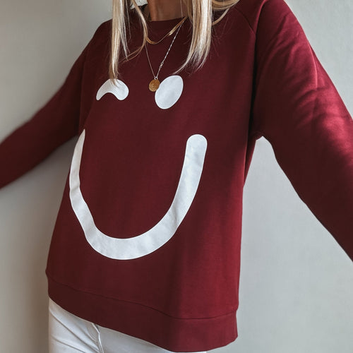 Burgundy & white SMILEY sweatshirt *relaxed style* *NEW*