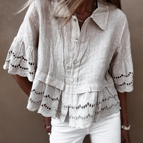 Lola TAUPE linen shirt with cotton lace *NEW*