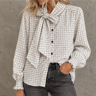 Chia White checked asymmetric bow blouse *NEW*