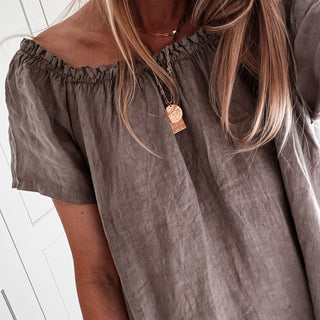 Lottie linen off shoulder taupe dress *NEW*