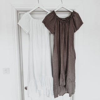 Lottie linen off shoulder taupe dress *NEW*