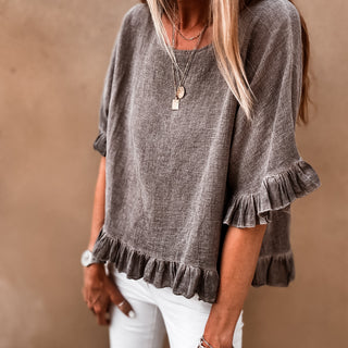 Inky chocolate ruffle edges linen top *NEW*