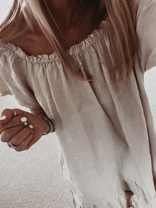 Lottie linen off shoulder beige dress