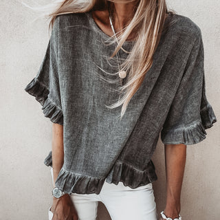 Inky grey ruffle edges linen top *NEW*