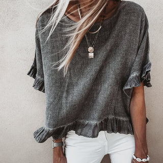 Inky grey ruffle edges linen top *NEW*