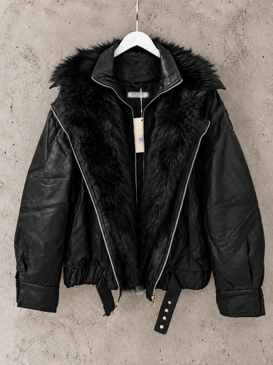 Black Tara faux leather fur high collar biker jacket