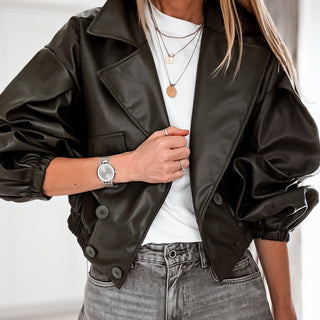 Khaki Cara faux leather high collar jacket *NEW*