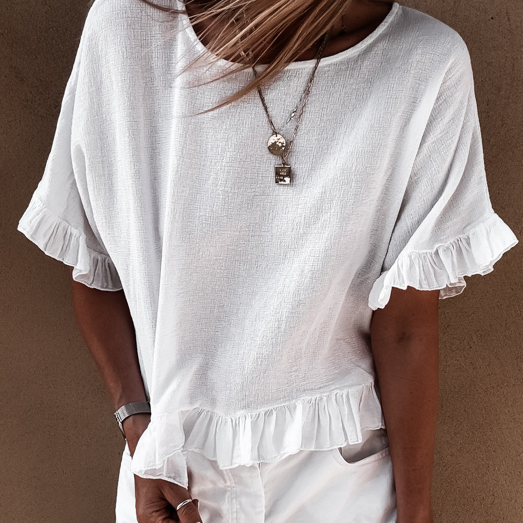 White ruffle edges linen top *NEW*