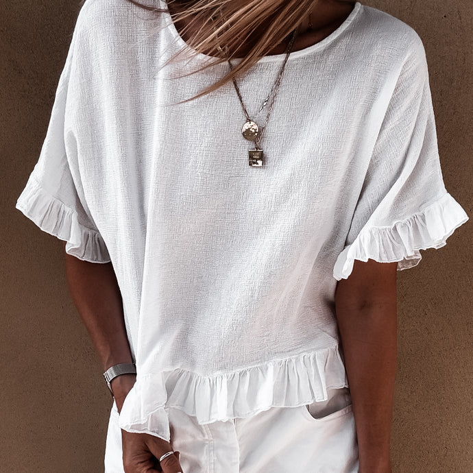 White ruffle edges linen top *NEW*