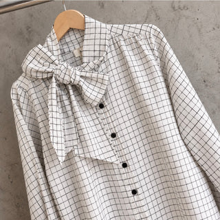 Chia White checked asymmetric bow blouse *NEW*