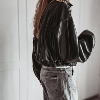Black Cara faux leather high collar jacket