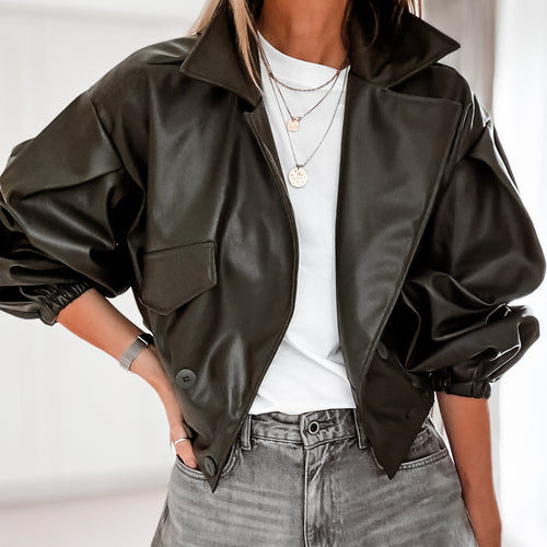 Khaki Cara faux leather high collar jacket *NEW*