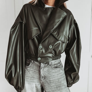 Khaki Cara faux leather high collar jacket *NEW*