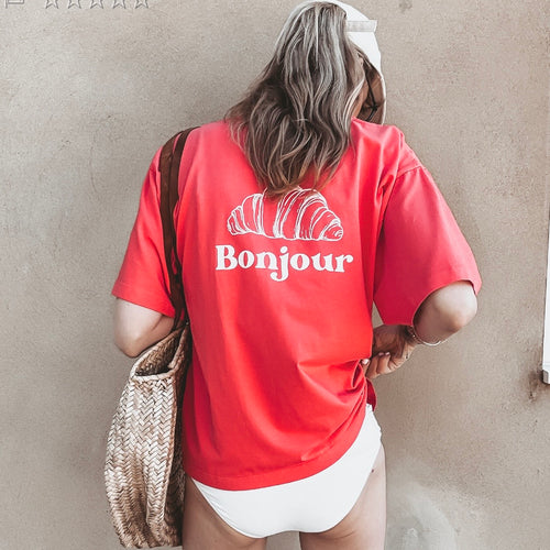 Sunset Orange Bonjour croissant tee  *NEW*