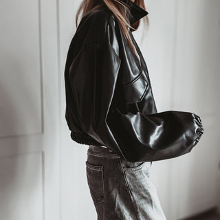 Black Cara faux leather high collar jacket