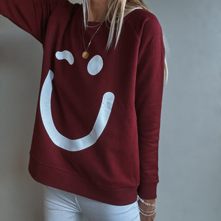 Burgundy & white SMILEY sweatshirt *relaxed style* *NEW*