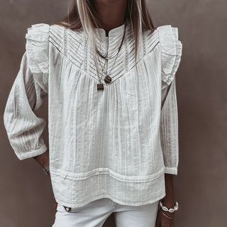 Loryn smocked white linen blouse