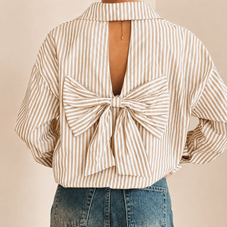 Bonnie Beige stripe blouse with bow on back *NEW*