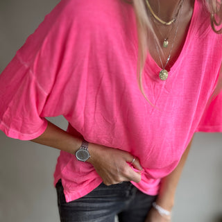 Neon pink V neck tee