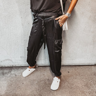 GUNMETAL GREY Pollensa Satin Cargo joggers *NEW*