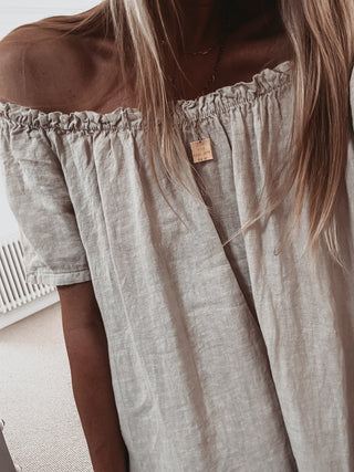 Lottie linen off shoulder beige dress