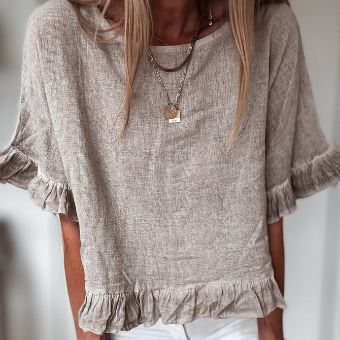 Sand ruffle edges linen top *NEW*