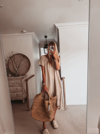 Lottie linen off shoulder beige dress