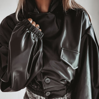 Black Cara faux leather high collar jacket