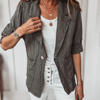 Pinstripe KHAKI linen blouse blazer *NEW*